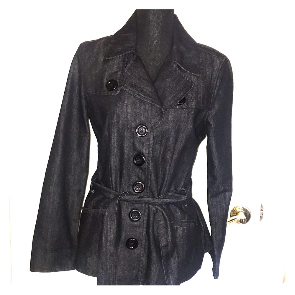 Denim jacket with belt.
